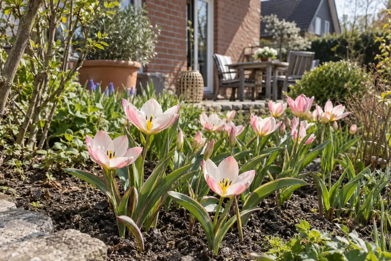 Niedrige Wildtulpen am sonnigen Beet