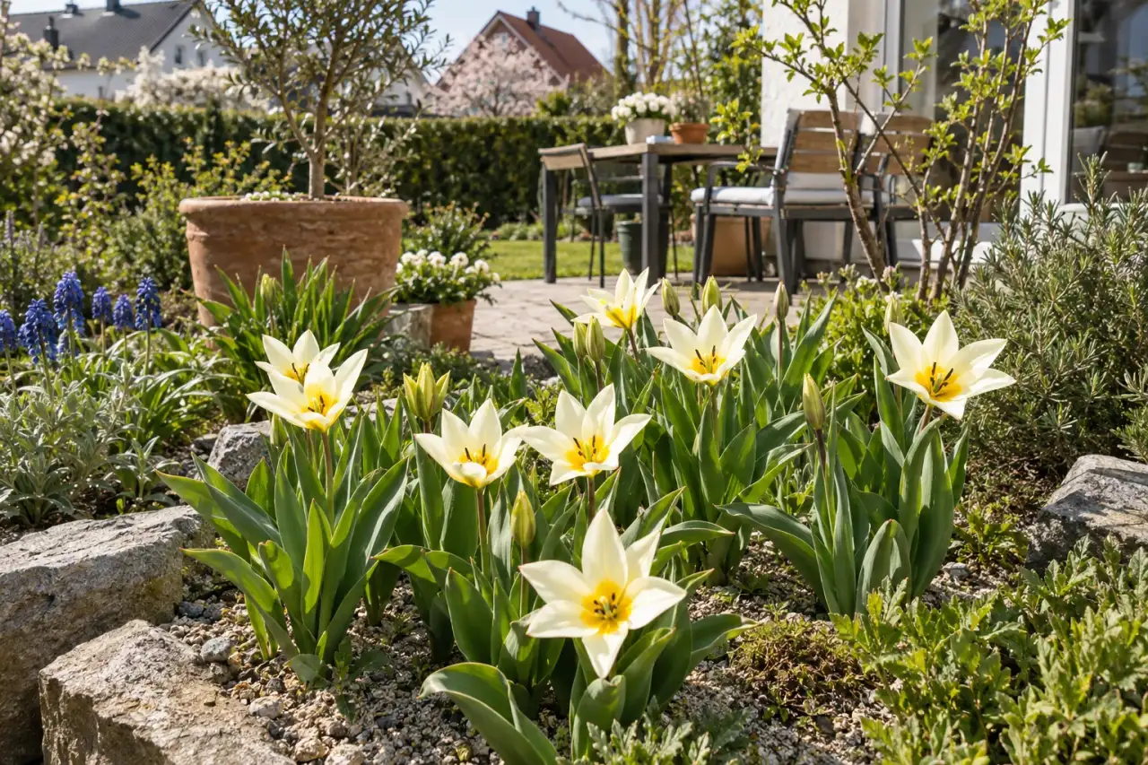 Sternförmige botanische Tulpen im Kiesbeet