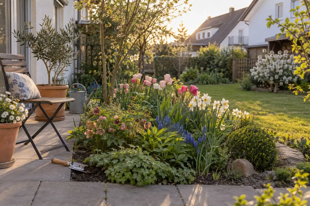 Fertig gestaltetes Frühlingsbeet am Sitzplatz