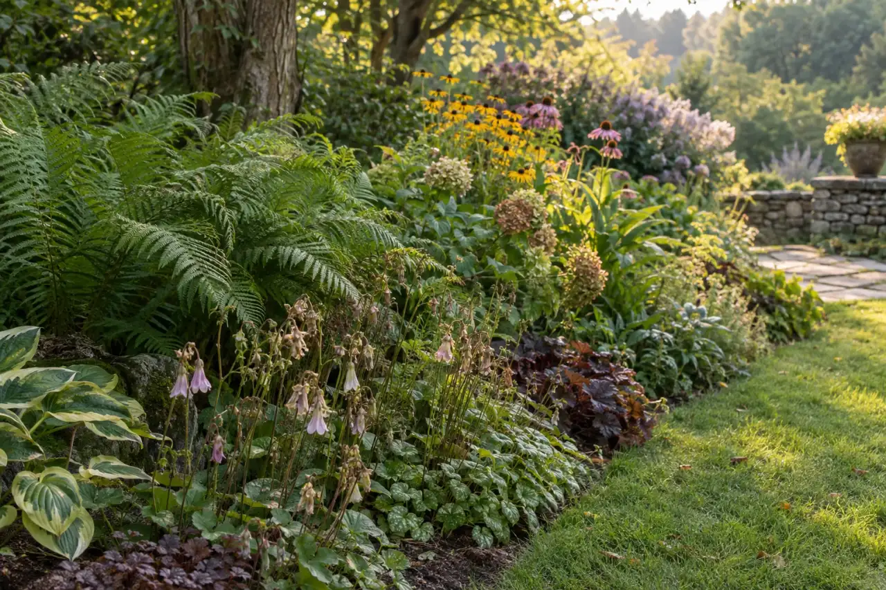 Ein Garten zeigt den saisonalen Übergang zwischen verblühenden und tragenden Pflanzen.
