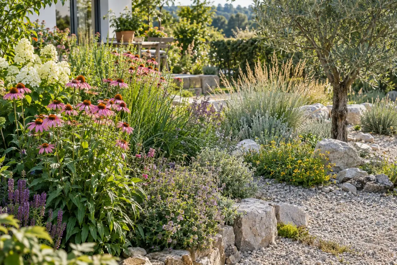 Zwei klar unterschiedliche, standortgerechte Gartenbereiche treffen aufeinander.
