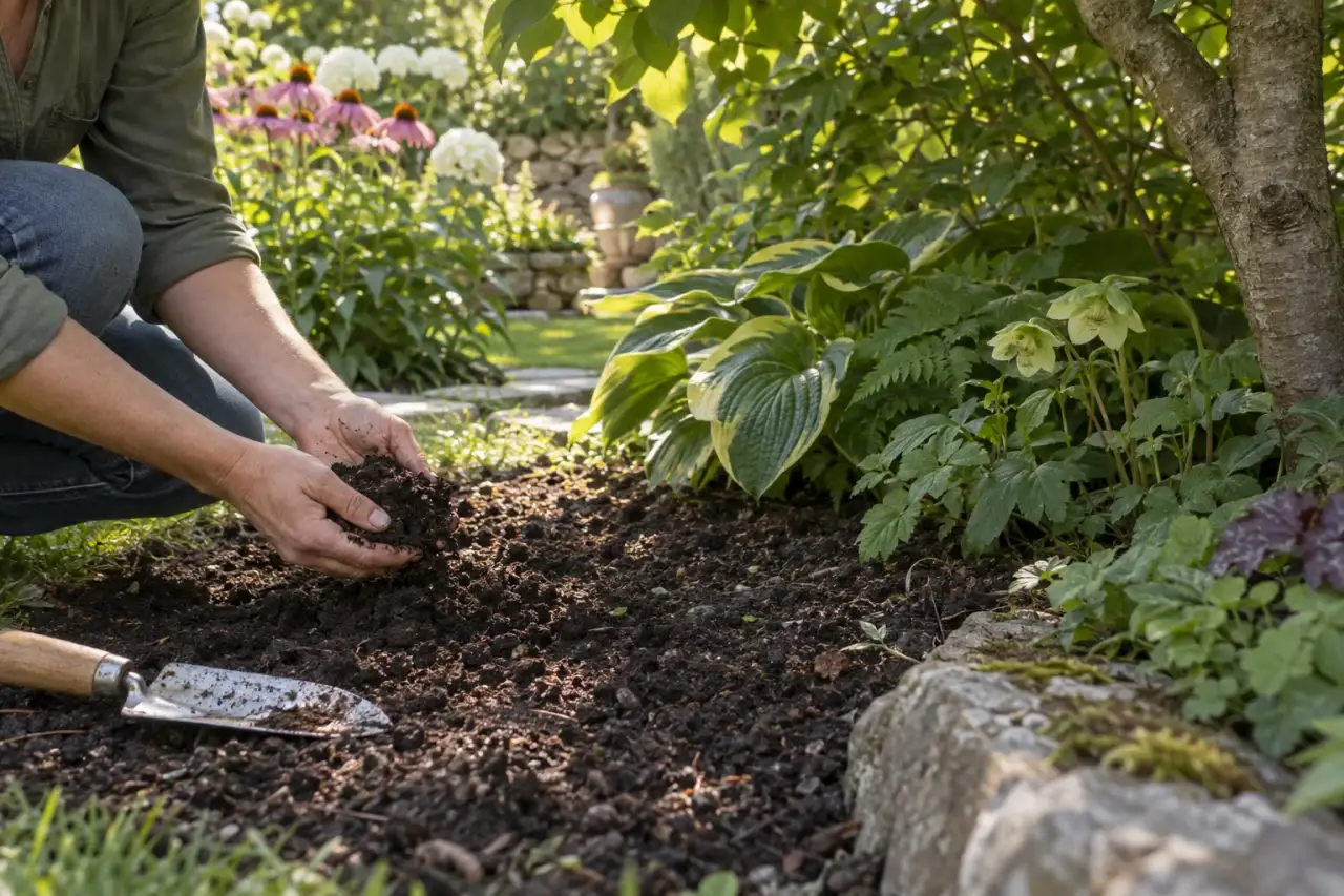 Boden wird an einer Gartenkante auf Feuchte und Struktur geprüft.