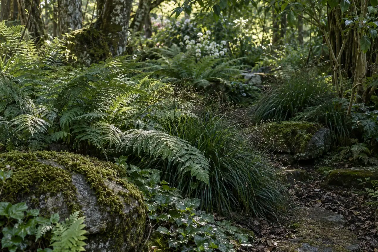 Gefiltertes Licht betont Farnwedel und dunklen humosen Boden.