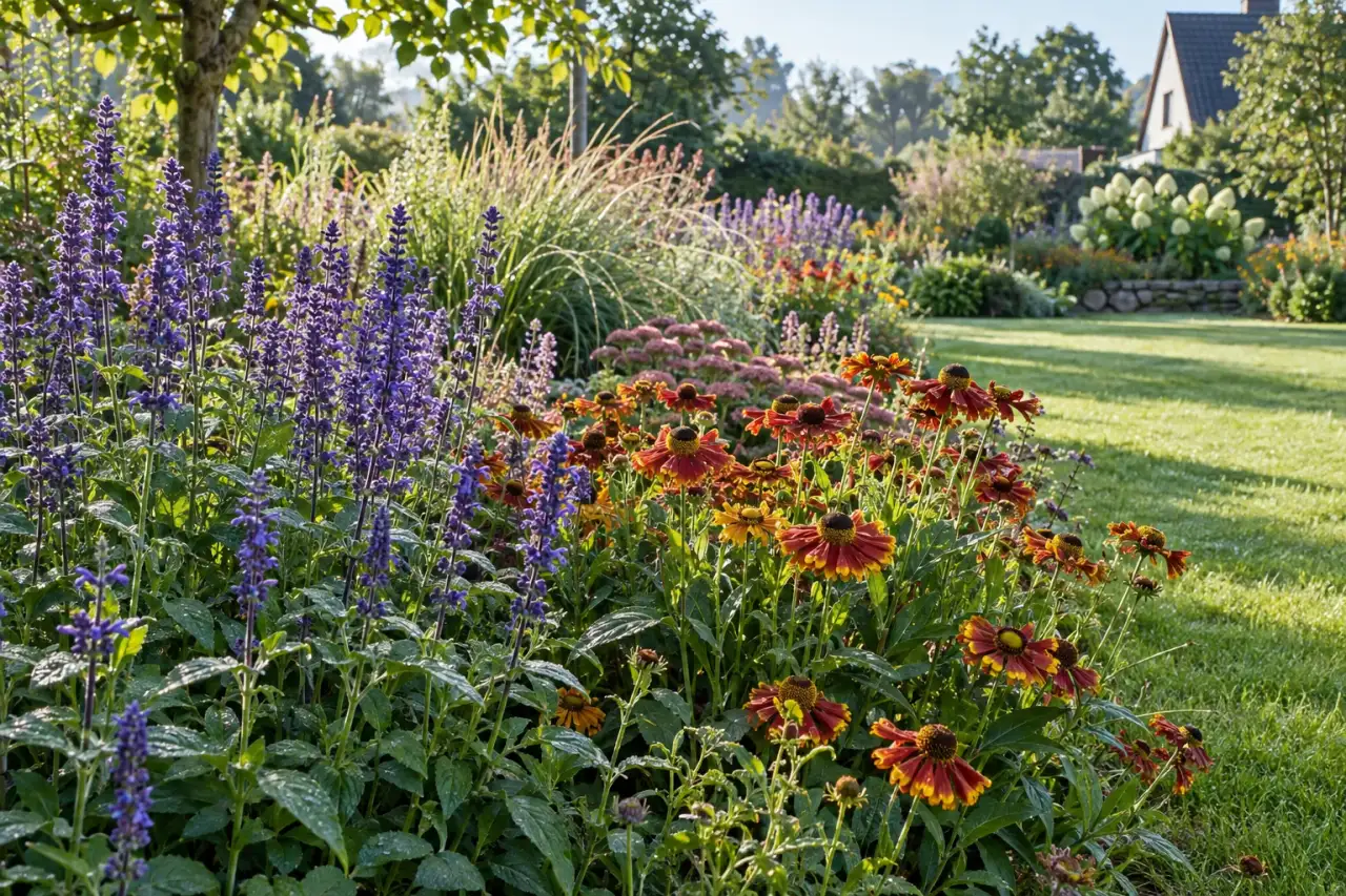 Morgenlicht hebt die Farben eines sonnigen Staudenbeets hervor.