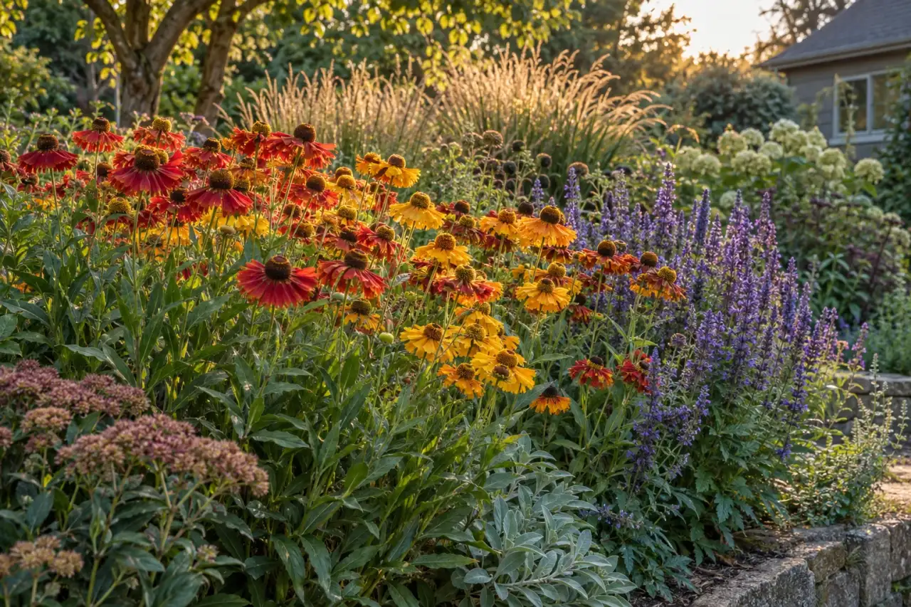 Warme Helenium- und violette Salvia-Blüten im Spätsommer.