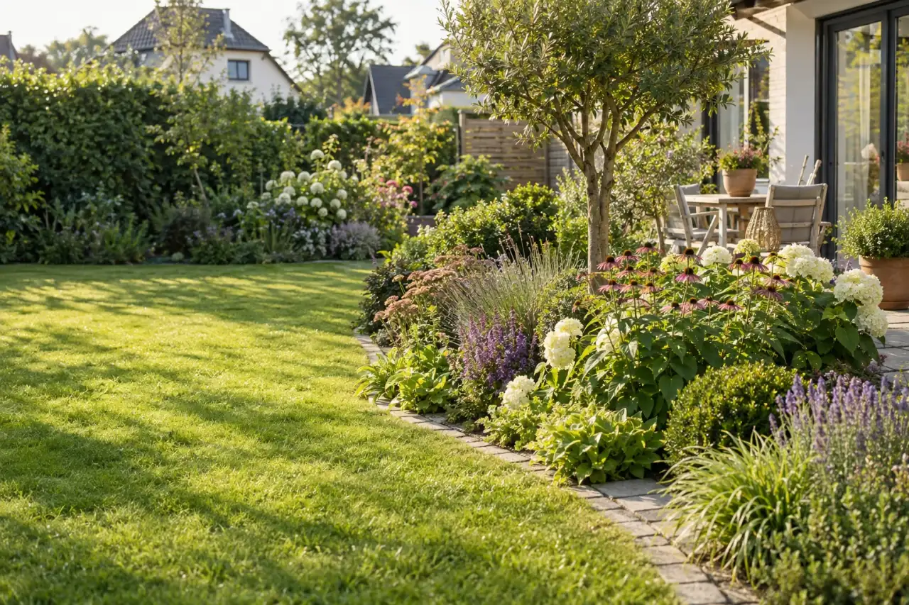 Fertig gestalteter Garten mit Staudenbeet, Sträuchern, kleinem Baum, Rasen und Weg.