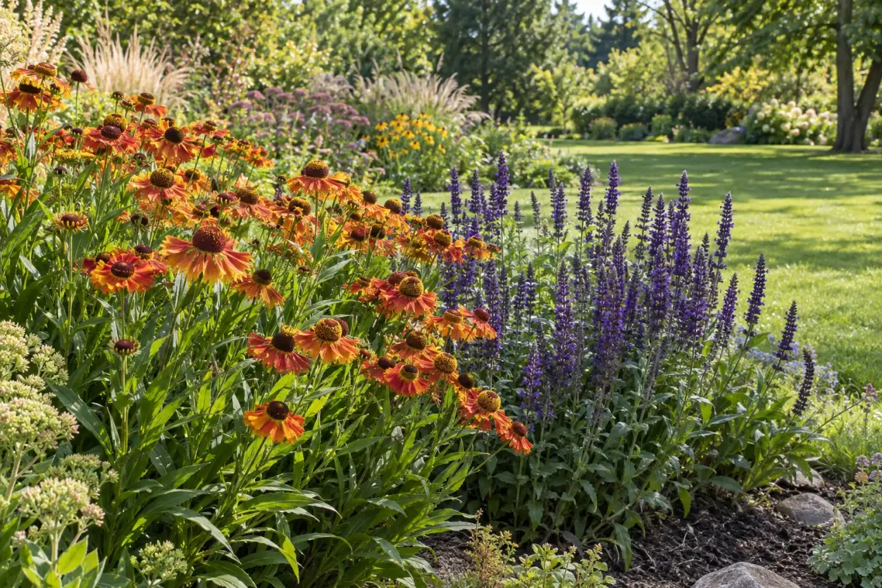 Sonniges Staudenbeet mit Helenium und Salvia.