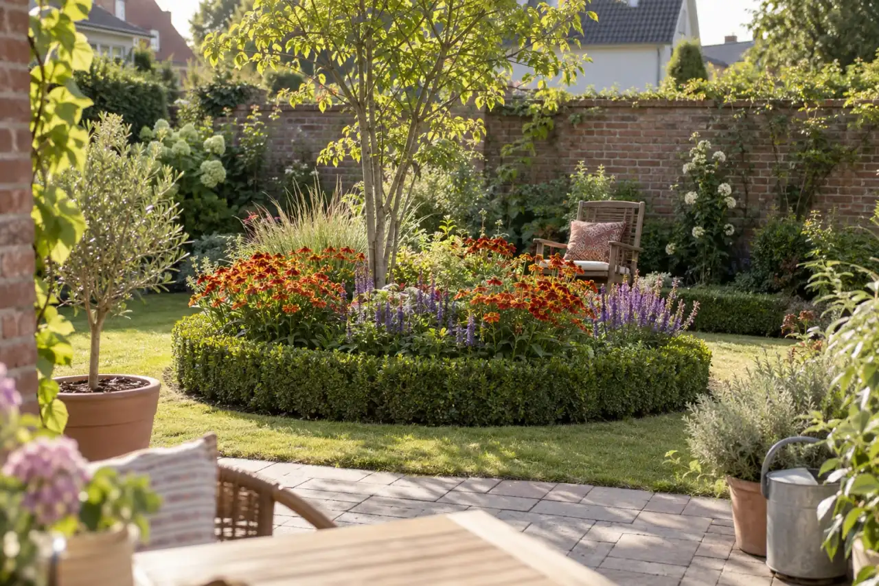 Sonnige Pflanzinsel mit Helenium, Salvia, Buchsbaum und kleinem Baum.