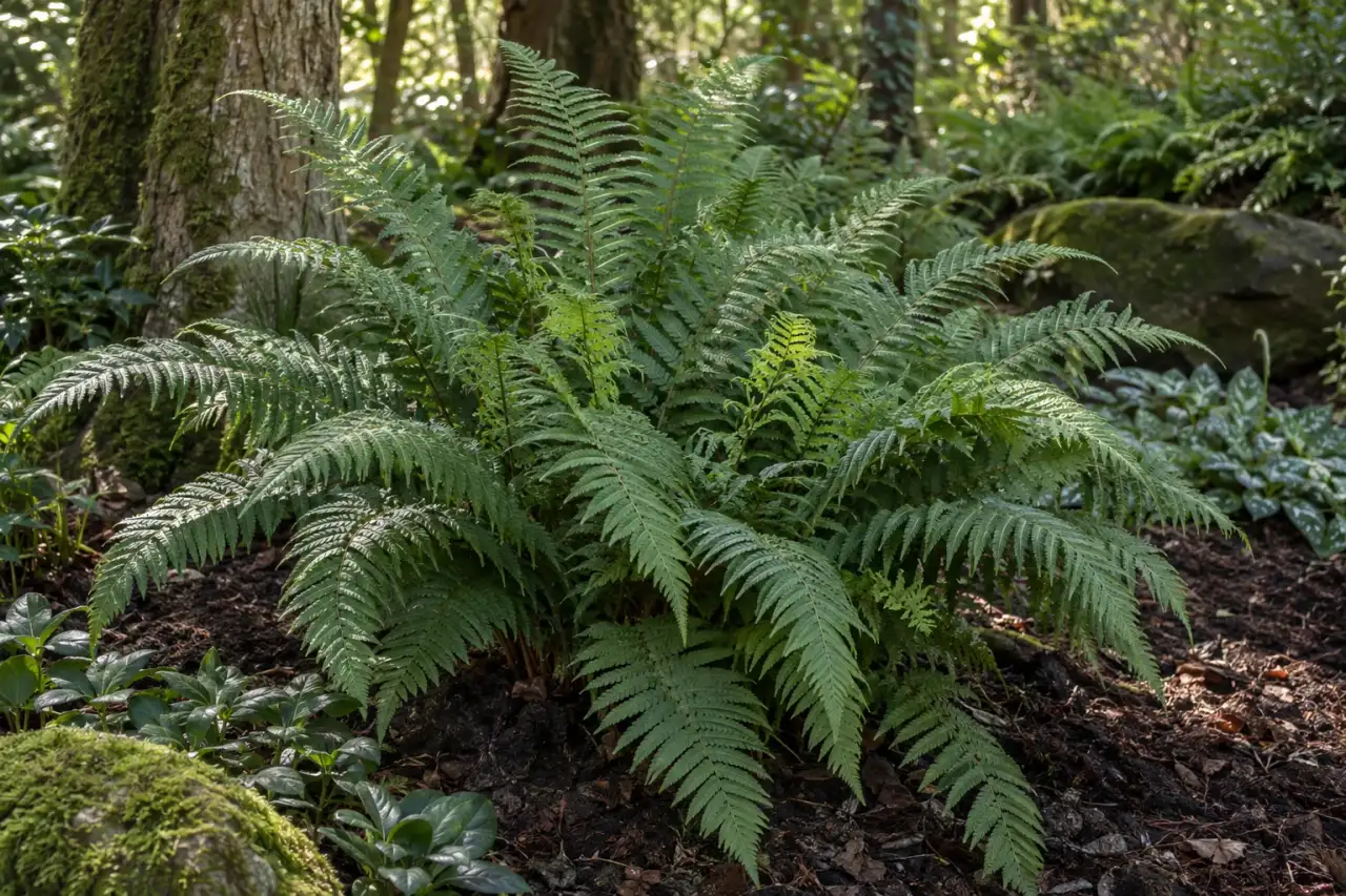 Dryopteris 'Pinderi' mit ausladenden Wedeln im Schatten.