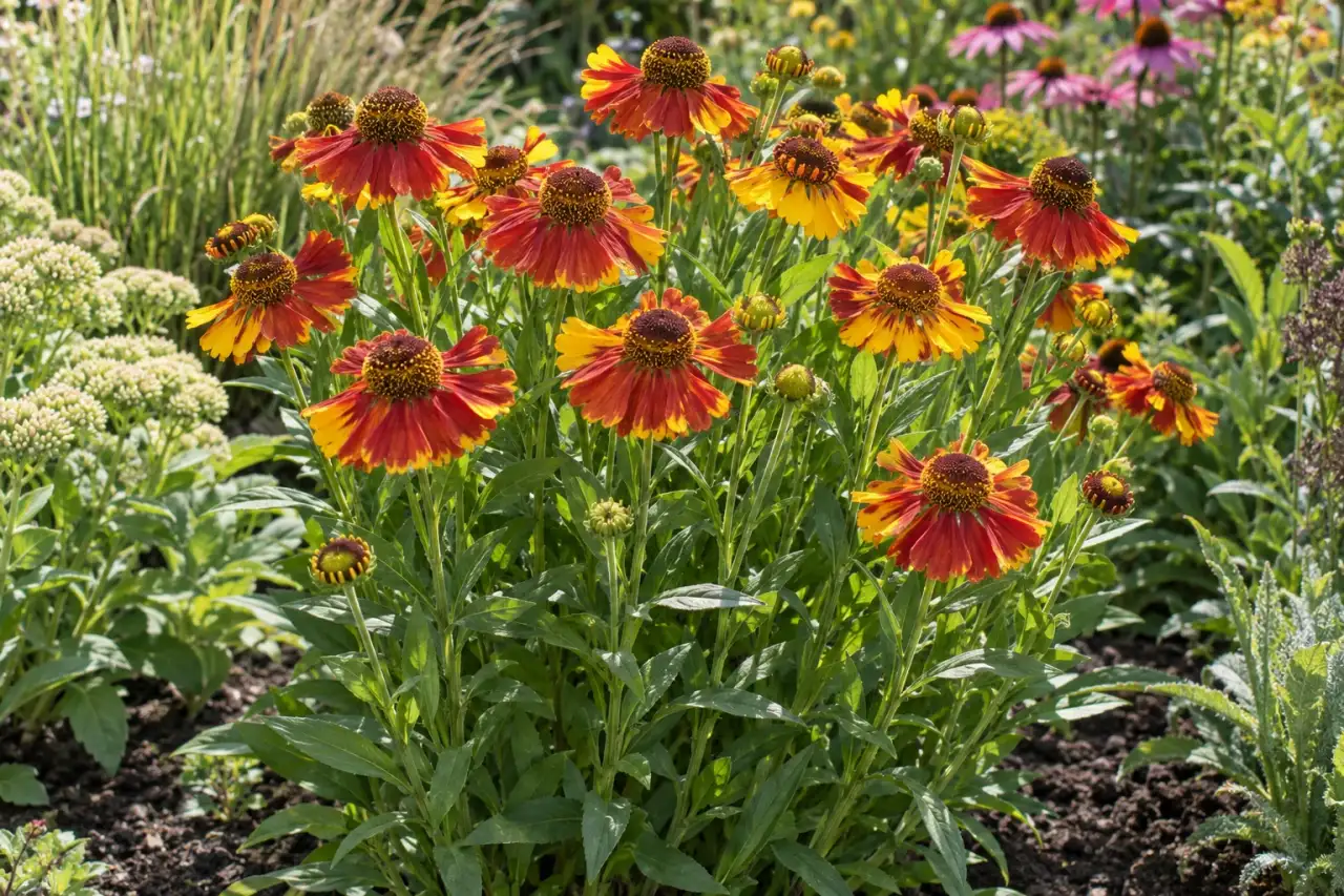 Helenium 'Bandera' mit roten und gelben Blüten im sonnigen Beet.