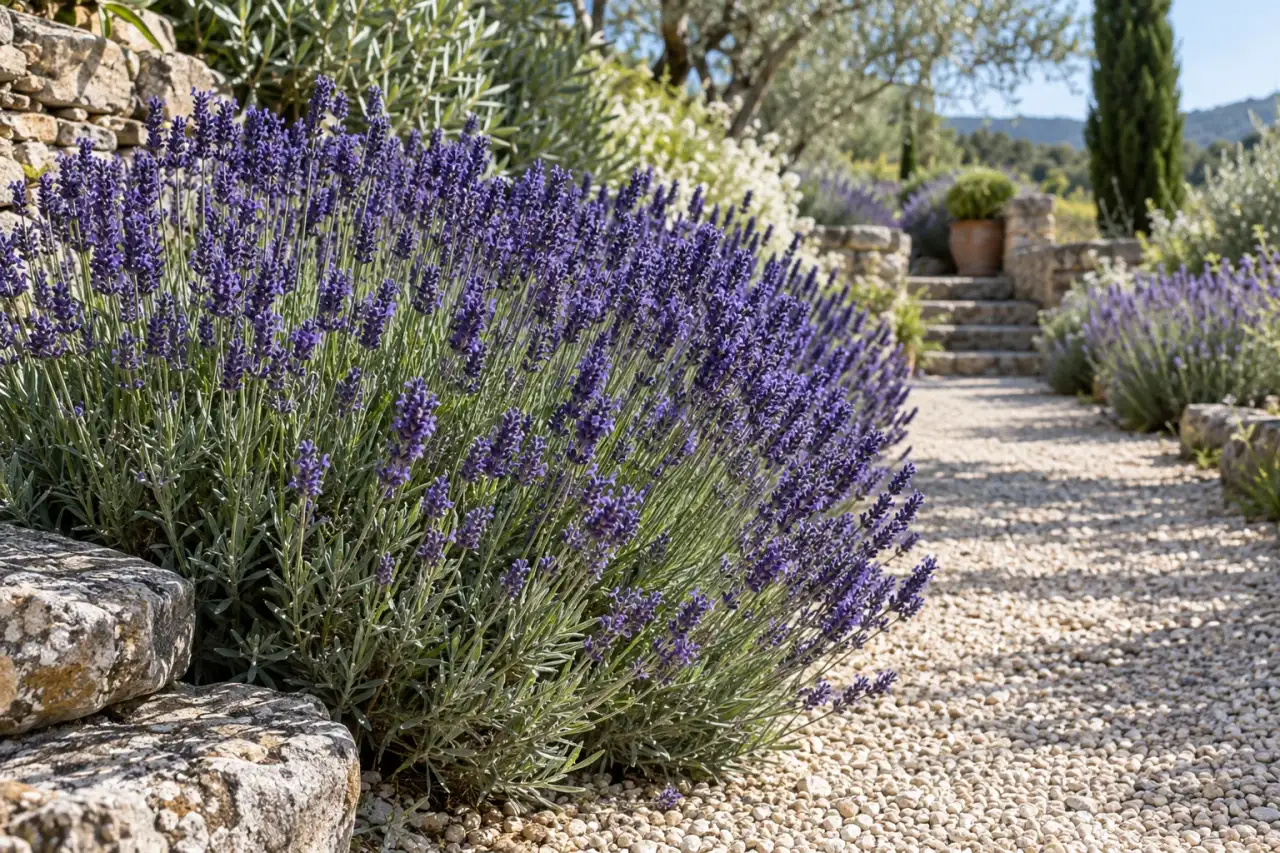 Lavendel 'Hidcote Blue' an einem trockenen sonnigen Gartenweg.