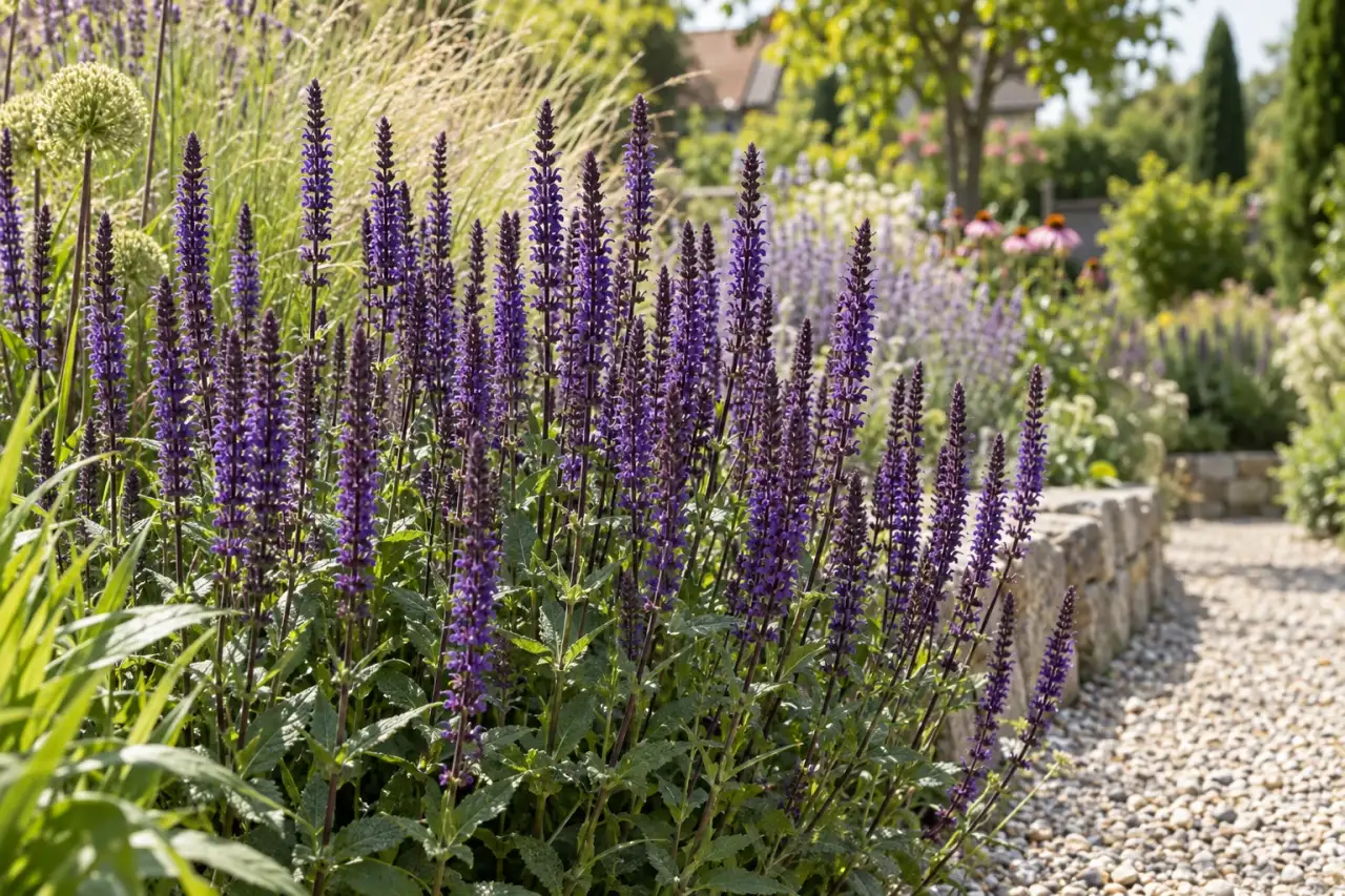 Salvia 'Caradonna' mit dunklen Blütenstielen im sonnigen Garten.