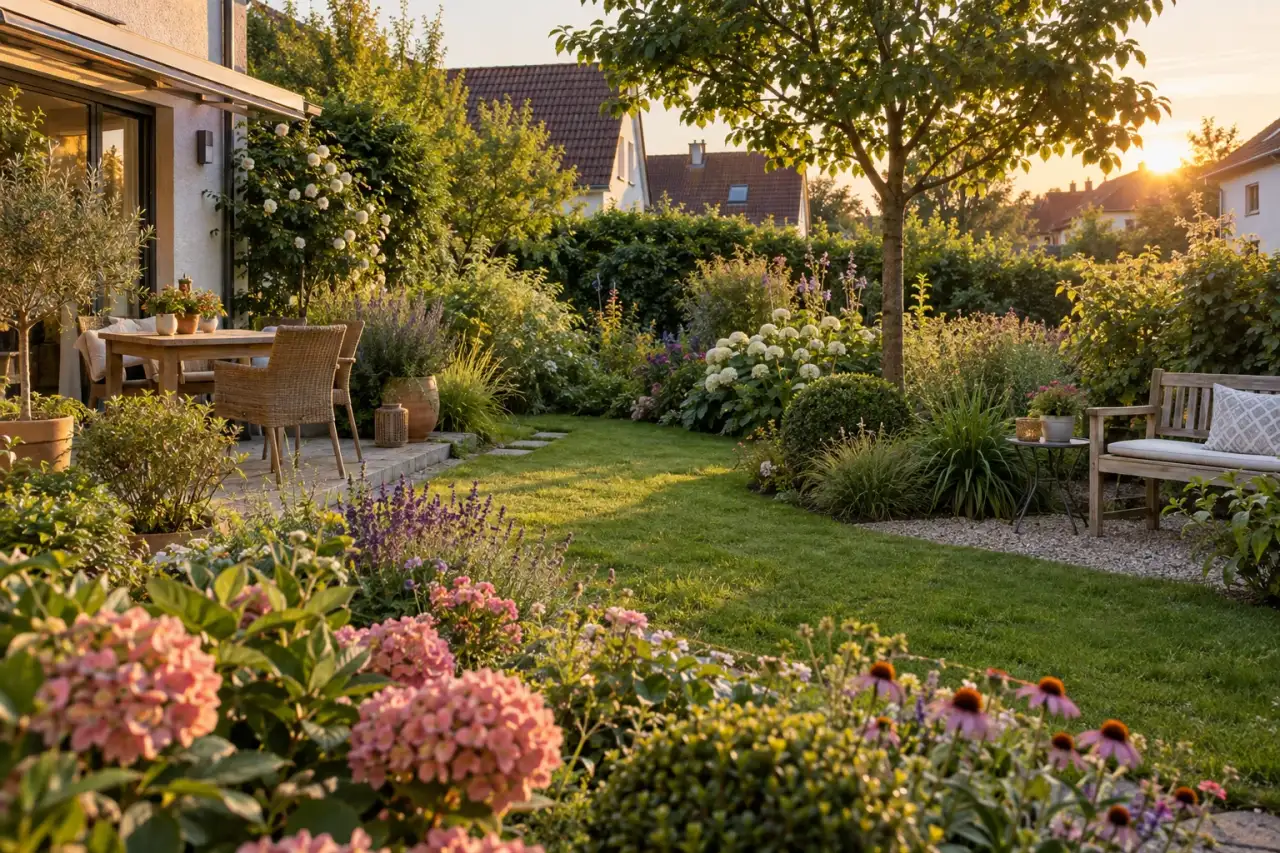 Fertig bepflanzter Garten mit Blütenstaffelung, immergrünen Formen und ruhigem Sitzplatz.