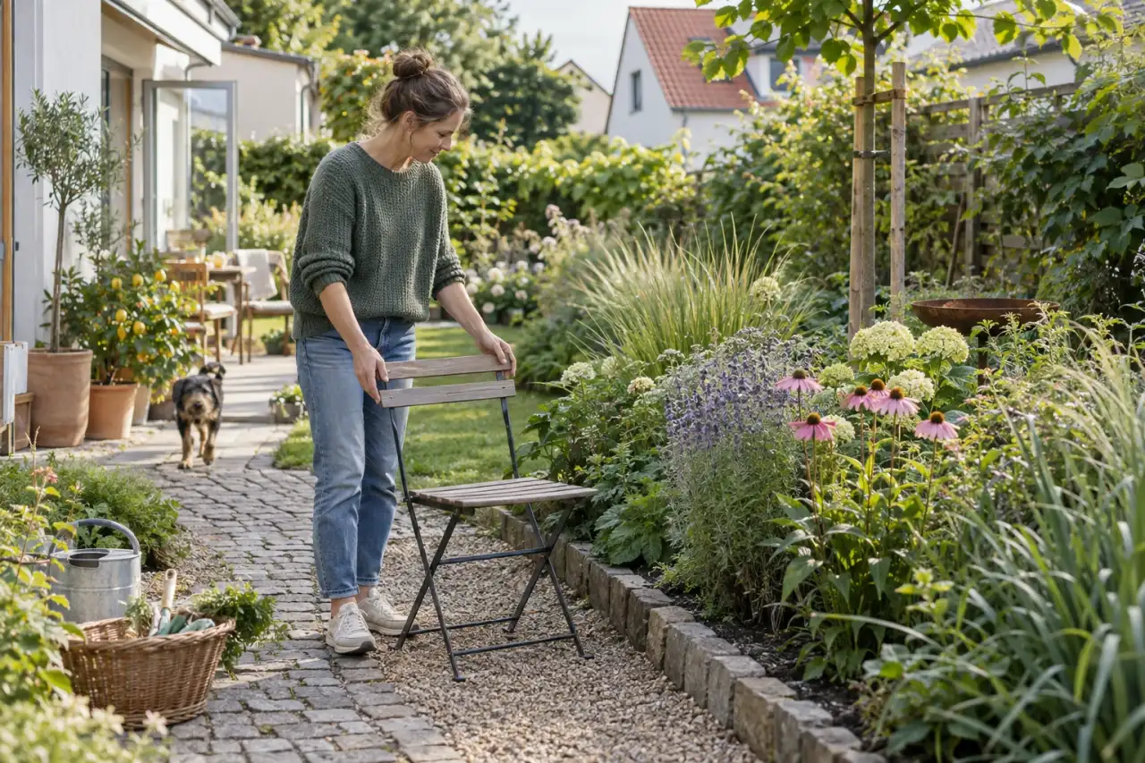 Person ordnet in einem kleinen Garten Sitzplatz, Weg und Beet.