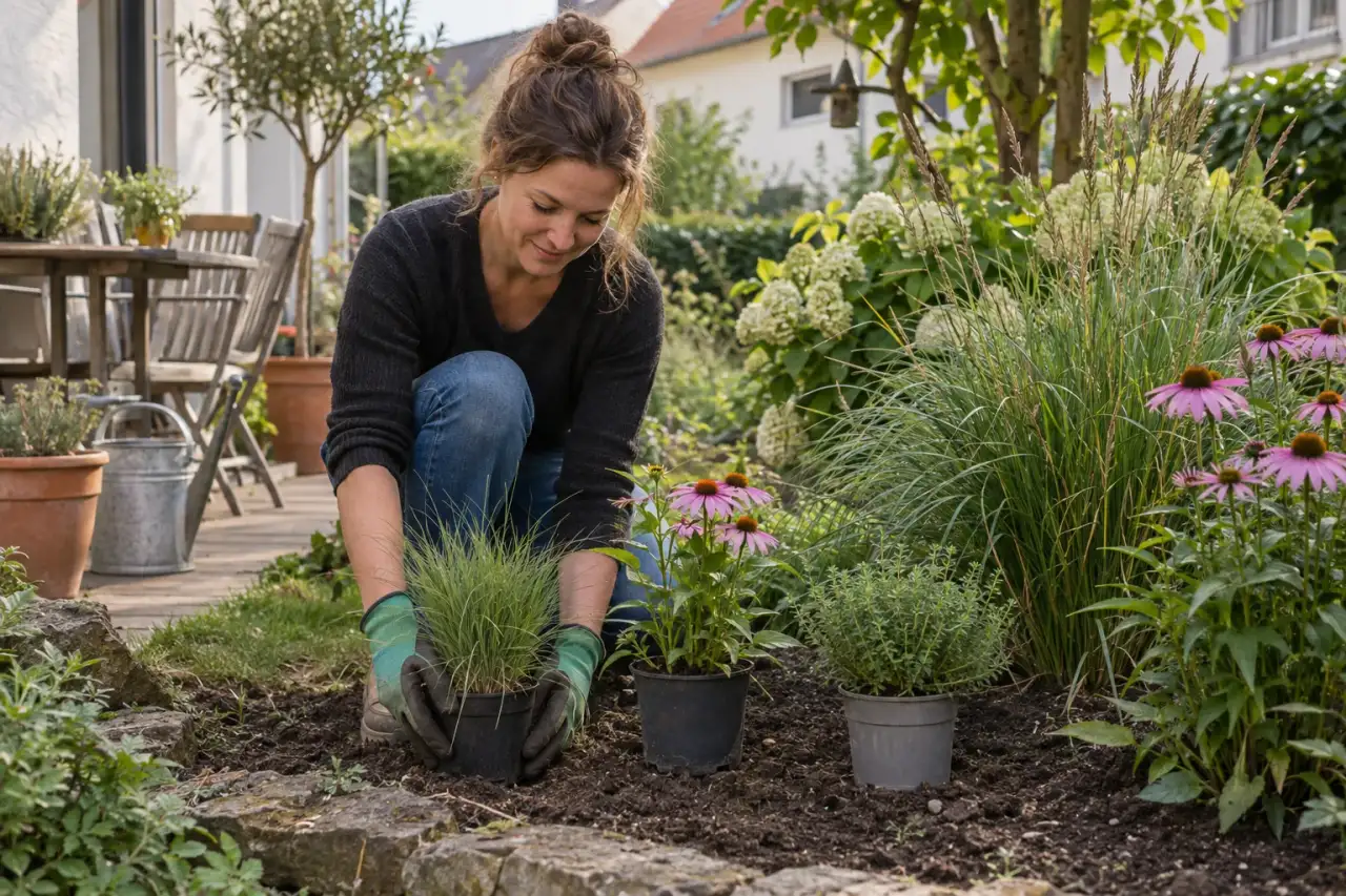 Pflanzenkombination aus Gras, Staude und Kräuterpflanze im Hausgarten.