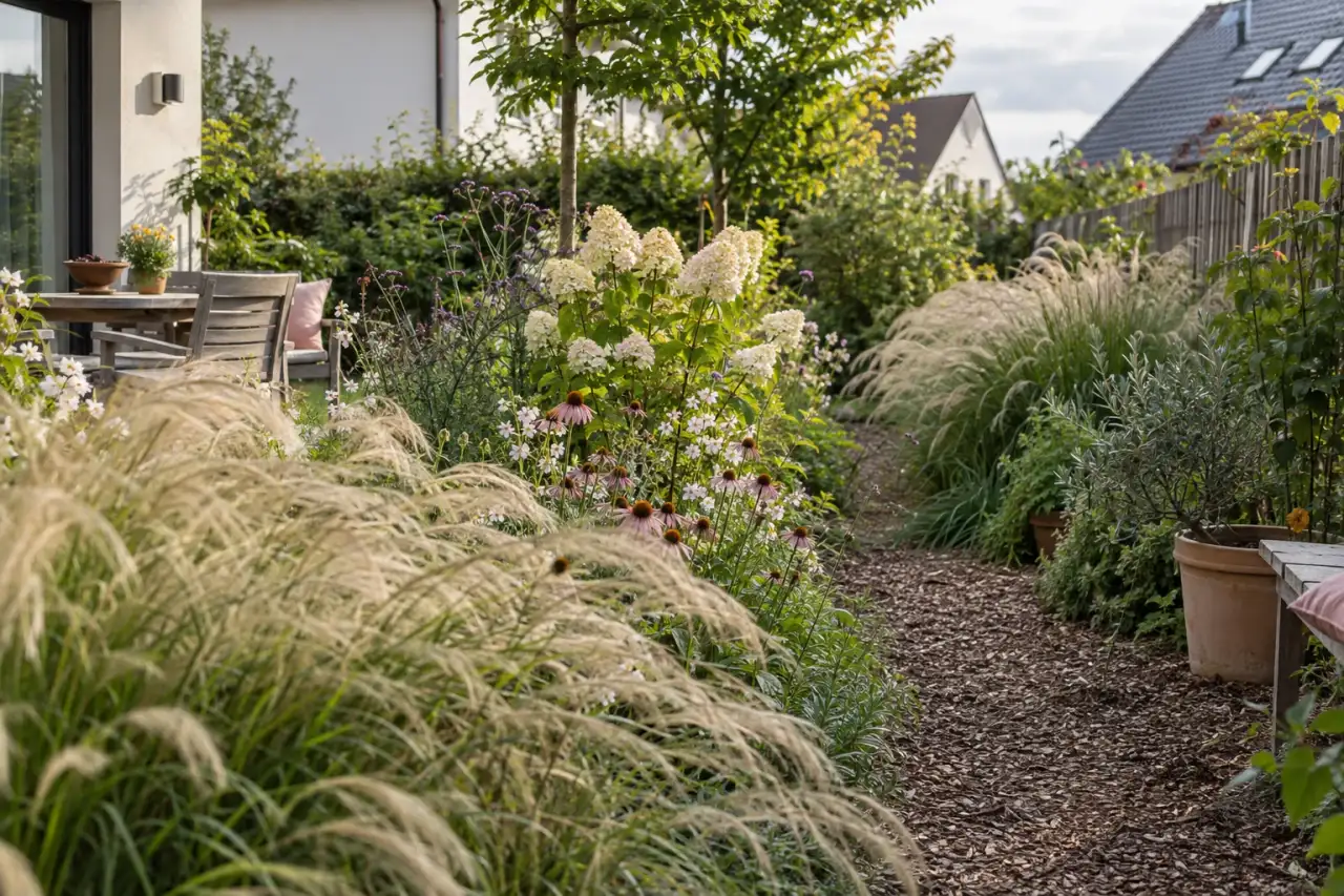 Wogende Gräser begleiten einen schmalen Mulchweg.