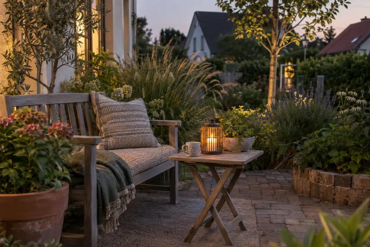 Bank mit Kissen und Laterne in einem kleinen Garten.