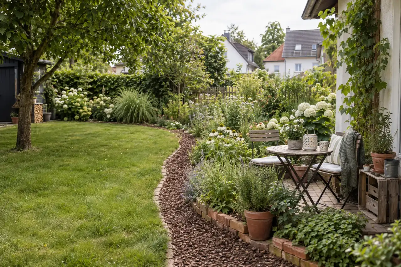 Kleiner deutscher Hausgarten mit Sitzplatz, Mulchweg und wiederverwendeten Materialien.