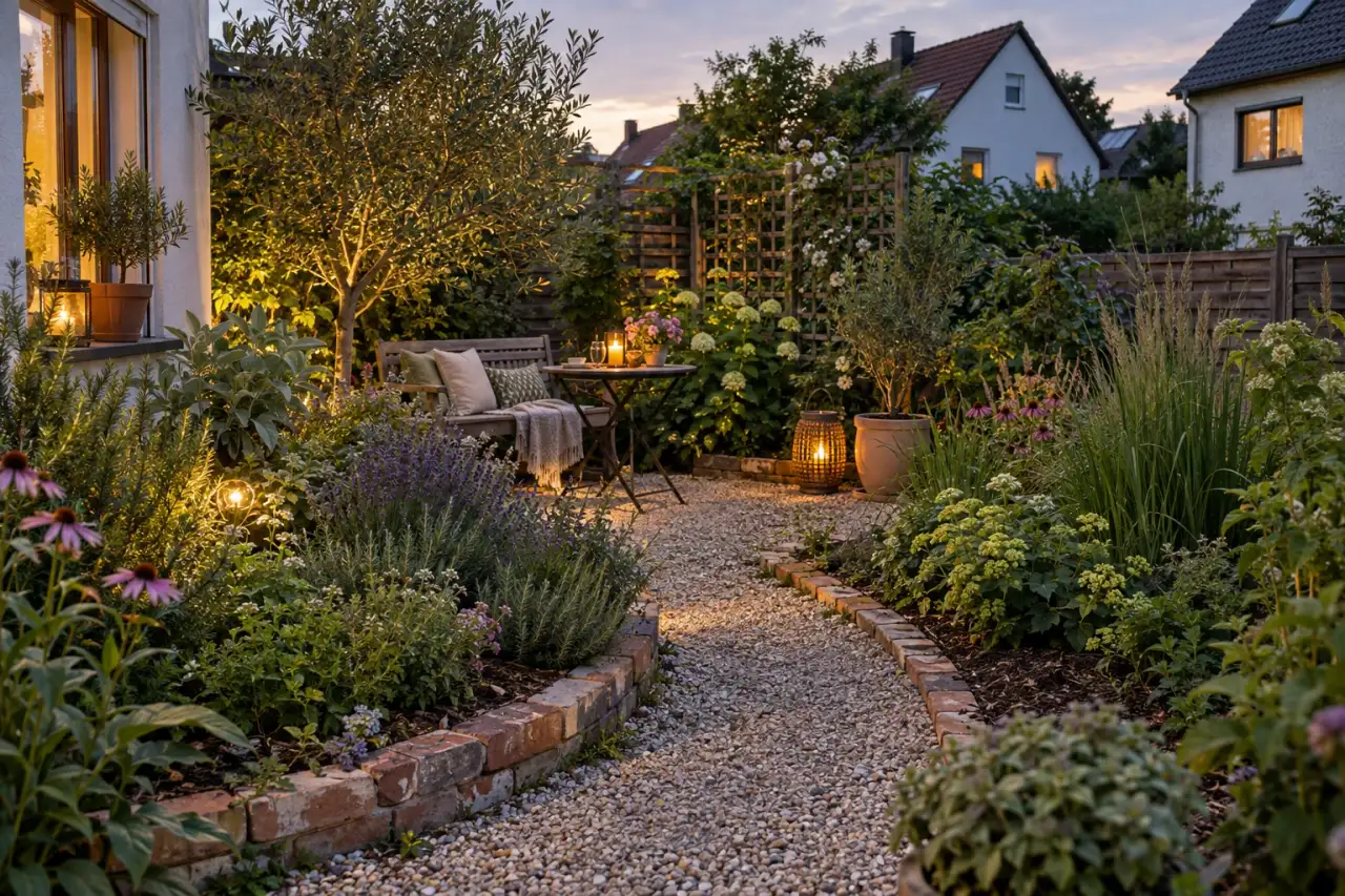 Ein kleiner Garten mit Sitzplatz, Weg, Beet, Kante, Höhenstaffel und Laterne.