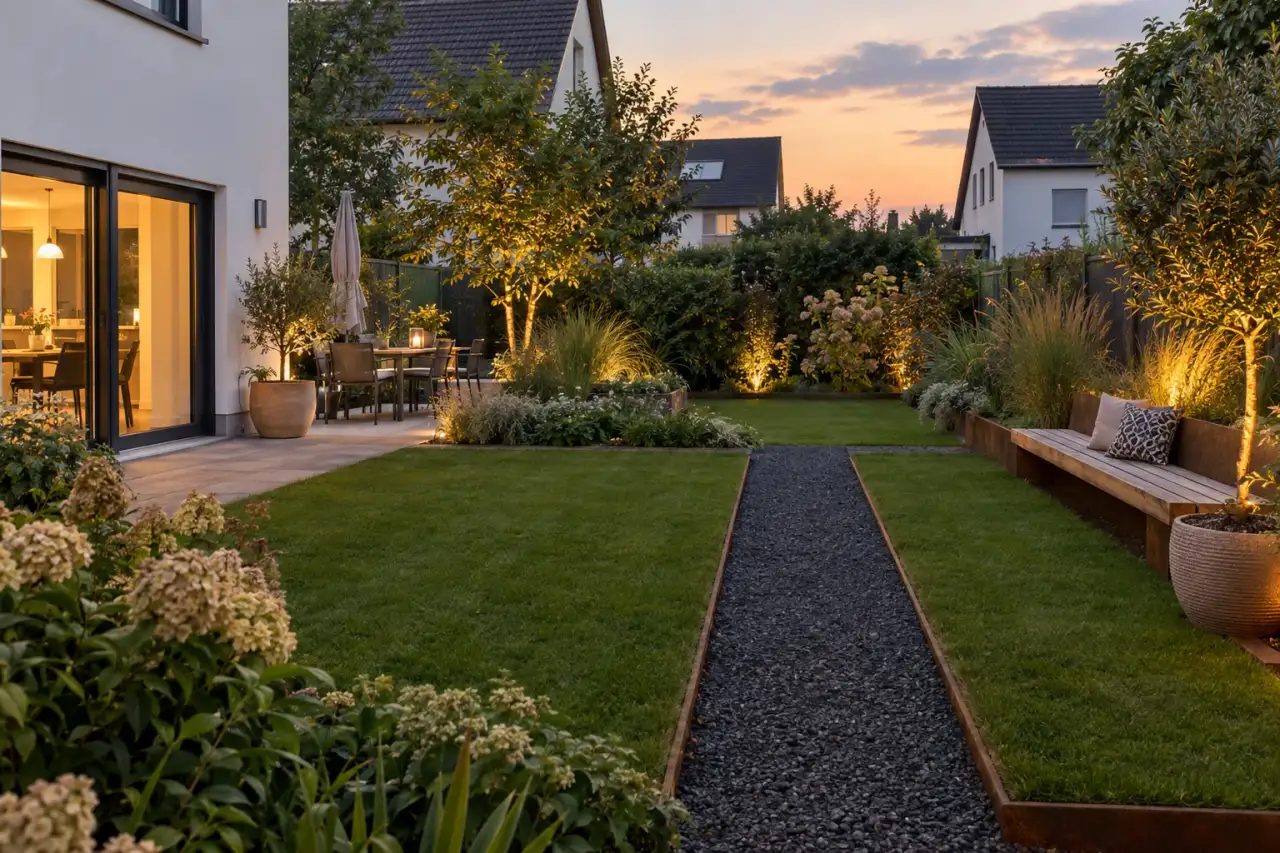Moderner Garten mit geraden Flächen, Weg und wiederholten Gräsern.