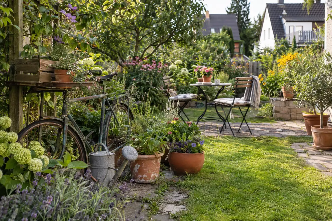 Vielseitiger Kleingarten mit wiederverwendeten Gegenständen und Blüten.