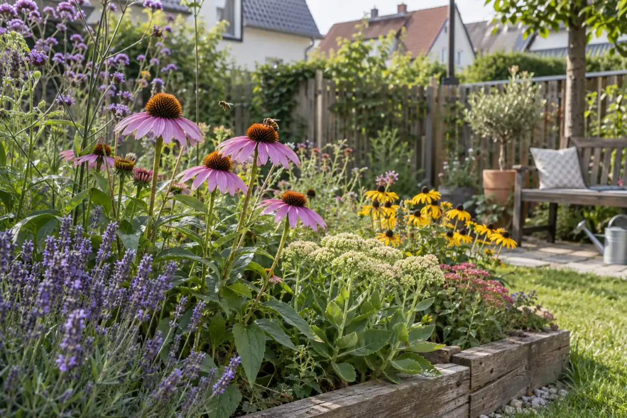 Blühende robuste Stauden in einem einfach eingefassten Beet.
