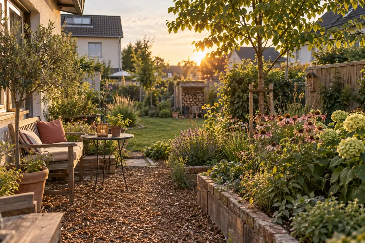 Abendlicher kleiner Garten mit Bank, Mulchweg und üppigen Beeten.
