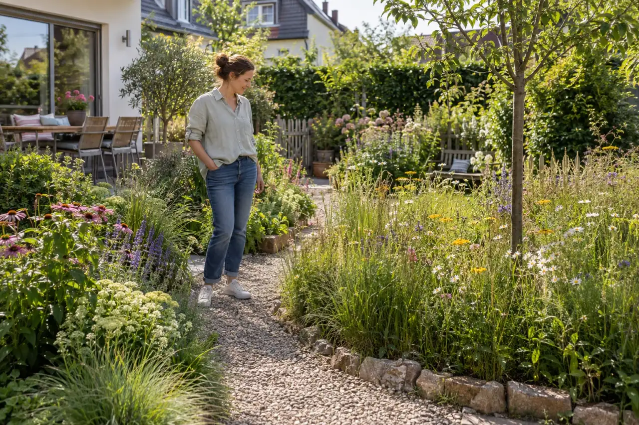 Eine Person wählt Staudenbeet, Wieseninsel und Weg für eine naturnahe Gartenszene aus.