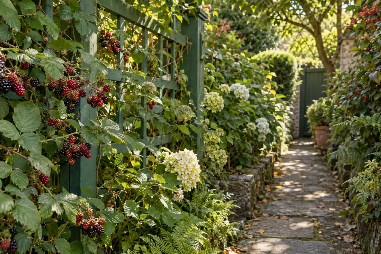 Beerensträucher und Spalier bilden eine grüne Gartengrenze.