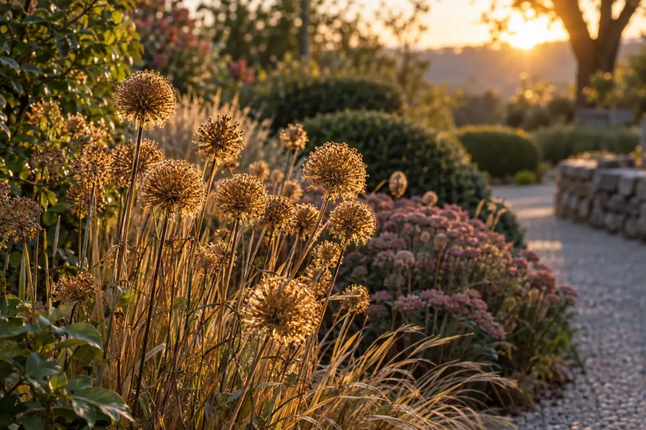 Goldene Samenstände leuchten neben einem Gartenweg.