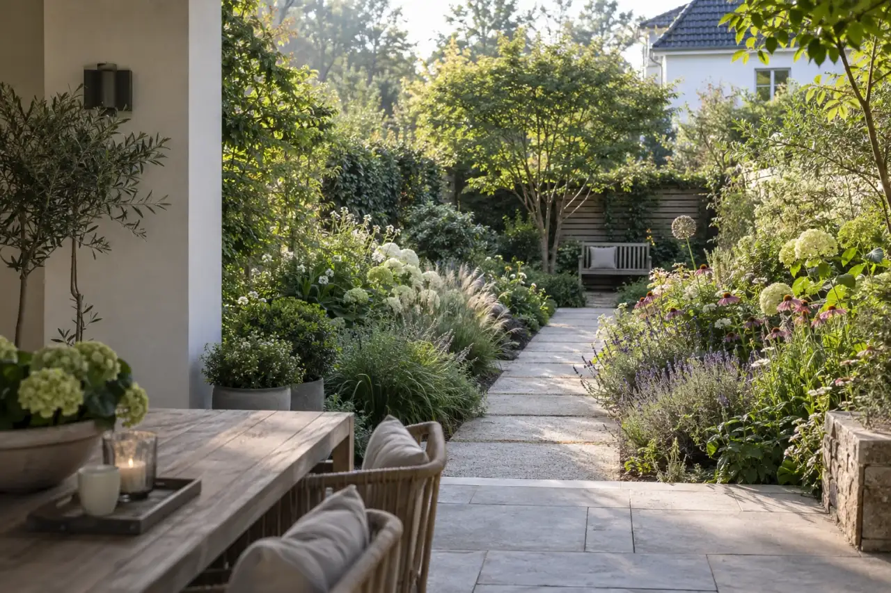 Ein heller Hauptweg gliedert einen üppig bepflanzten Garten ohne Rasen.