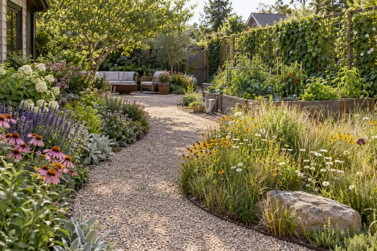 Ein Gartenraum zeigt Weg, Sitzplatz, Beet, Wieseninsel, Nutzbeet und Spalier.