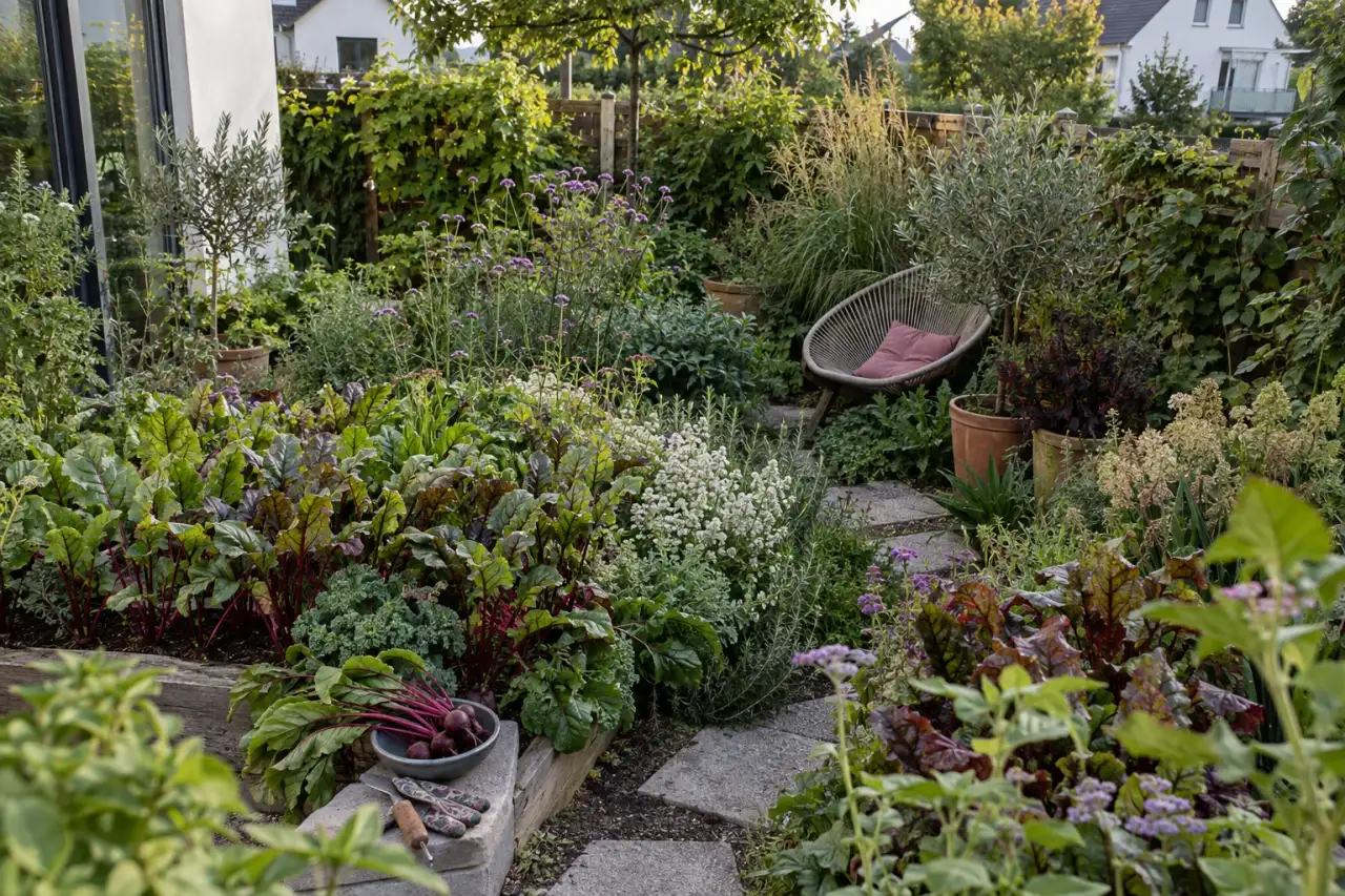 Ein kompakter Garten wird von üppigen, beetbetonten Pflanzflächen geprägt.