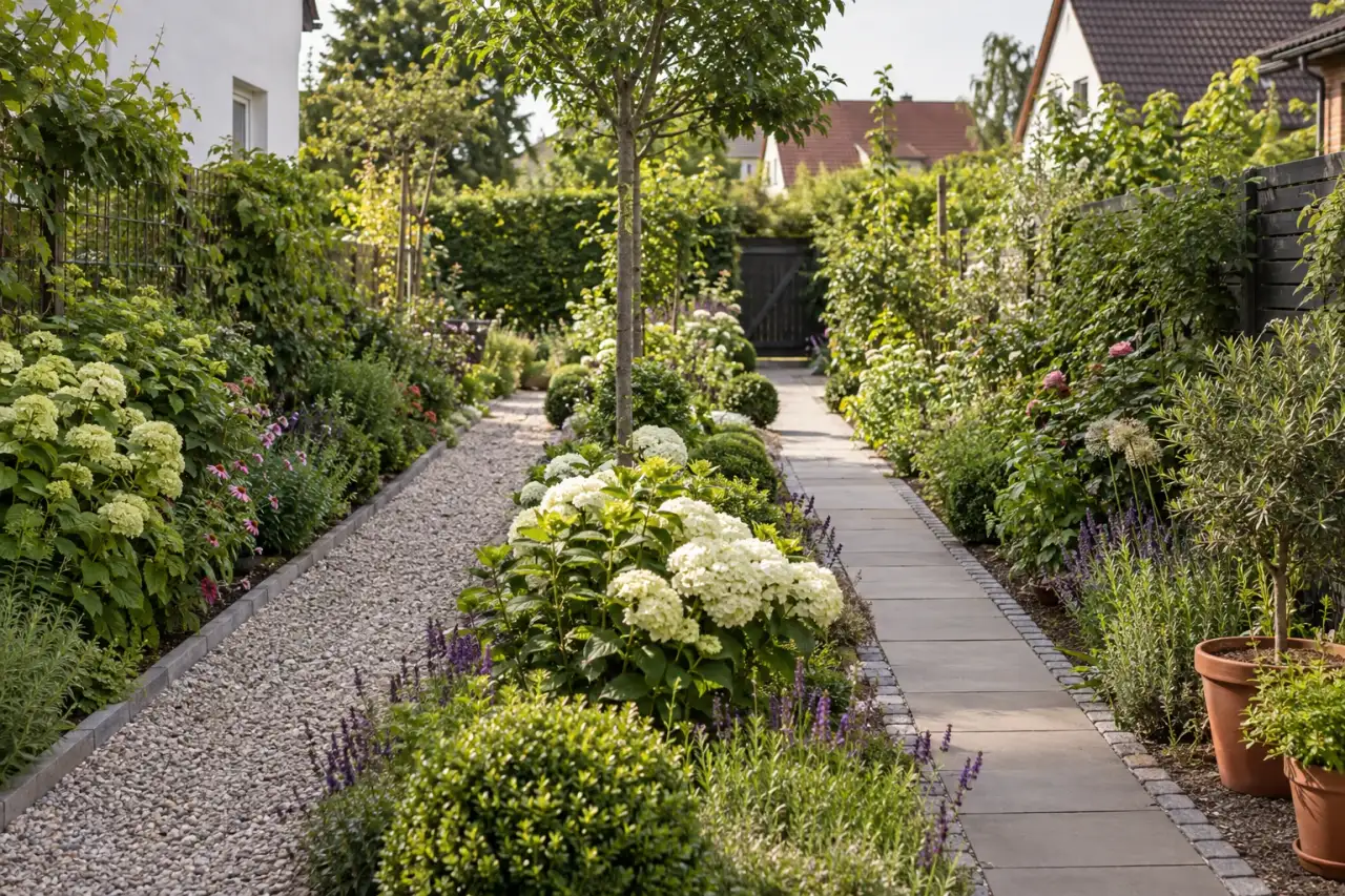 Parallele Wege gliedern einen schmalen Garten in klar erkennbare Räume.