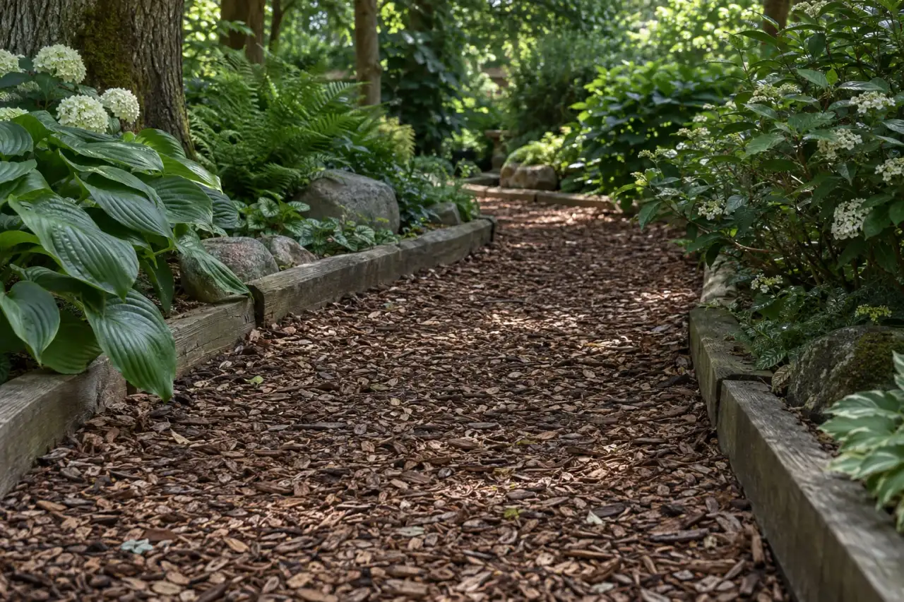Ein strukturierter Rindenmulchweg liegt zwischen schattigen Gehölzen.