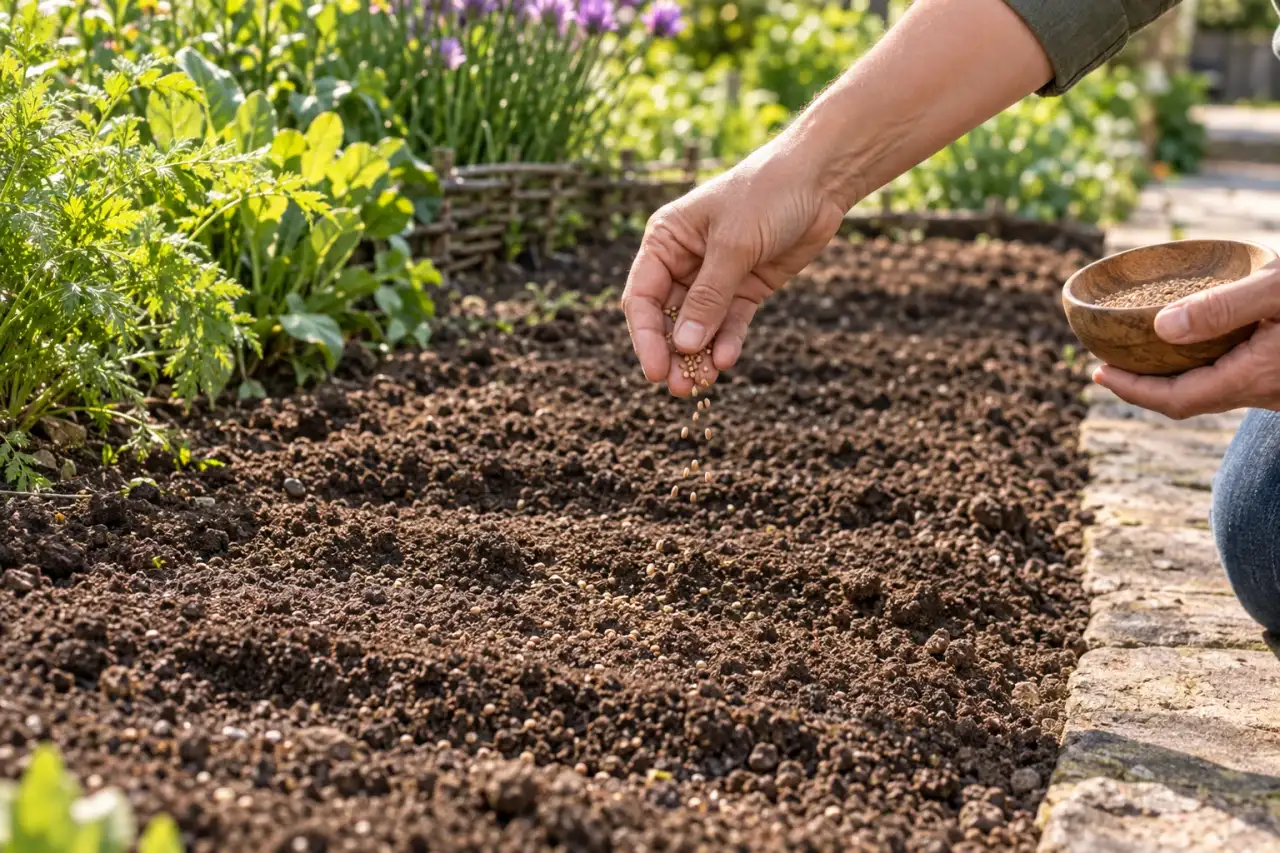 Ein sonniges feinkrümeliges Saatbett liegt neben einem festen Gartenweg.