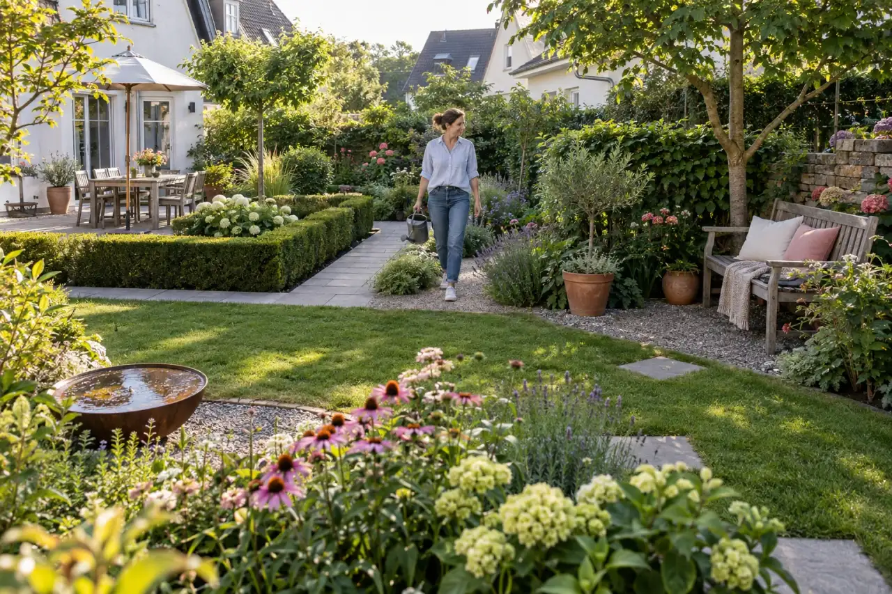 Drei fertig gestaltete Gartenbereiche zeigen Rechteck, Randzone und offenen Mittelpunkt.