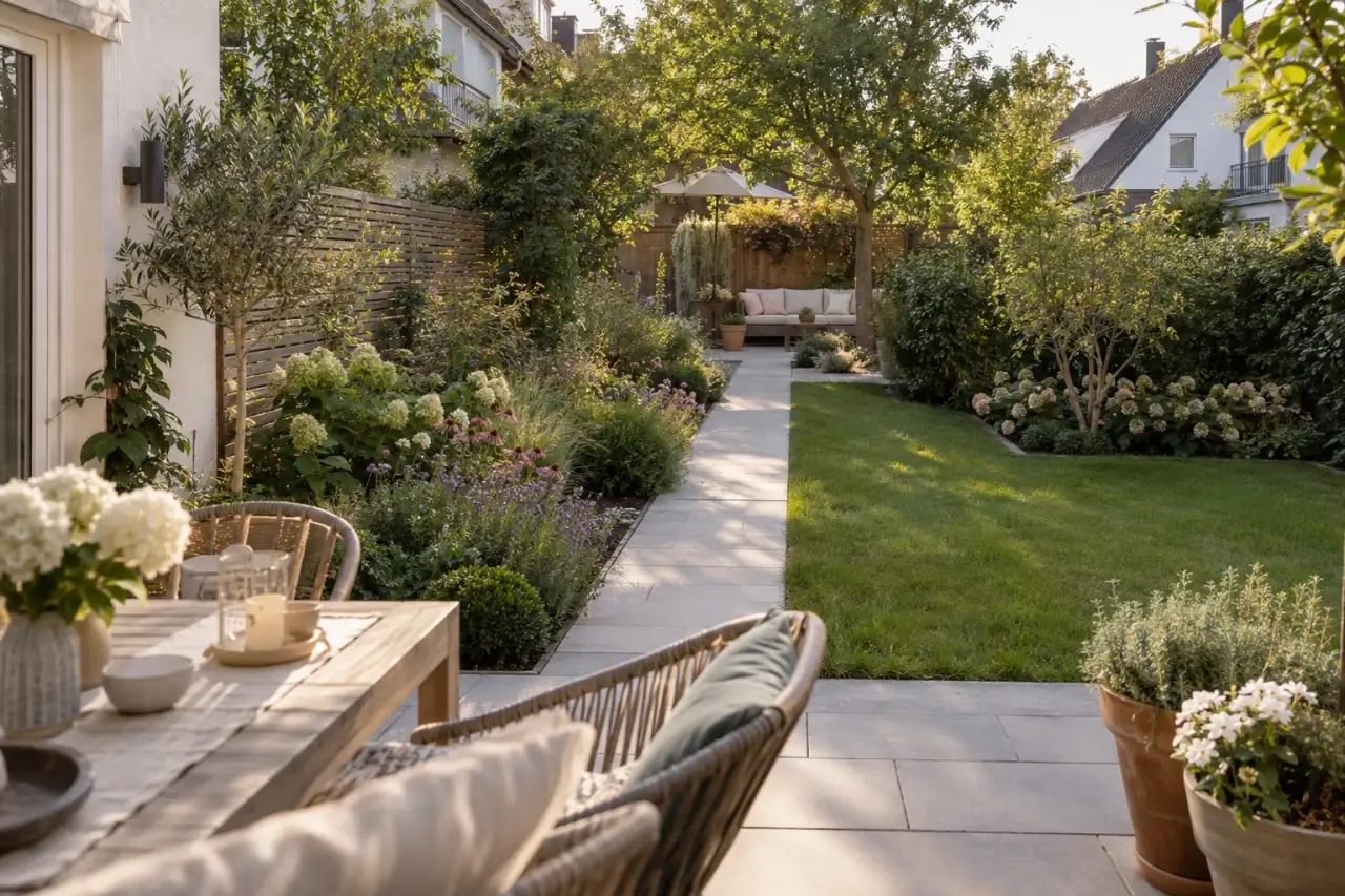 Fertiger Gartenweg verbindet Terrasse, Rasen und hinteren Sitzplatz.