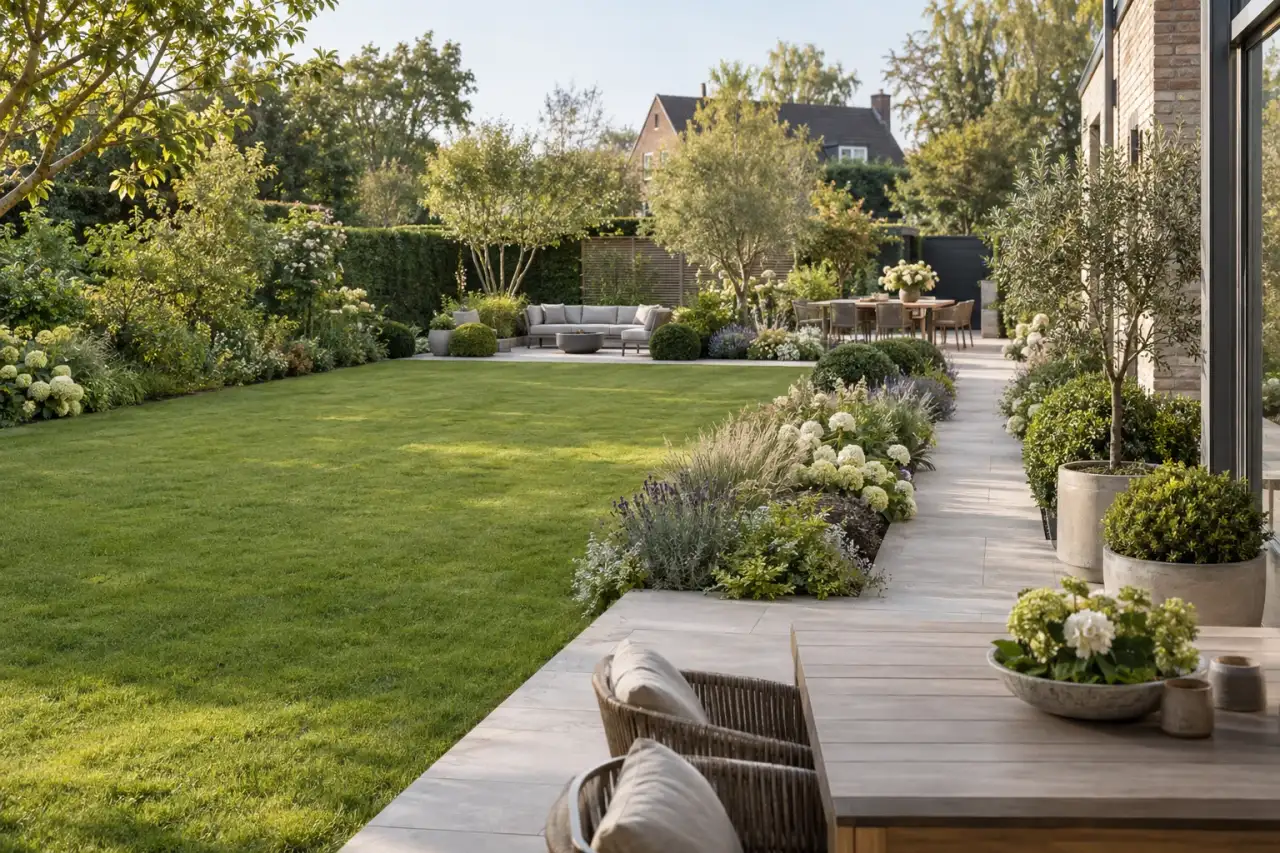 Klar gegliederter Garten mit Rasen, durchgehendem Weg, Pflanzflächen und Sitzplatz.