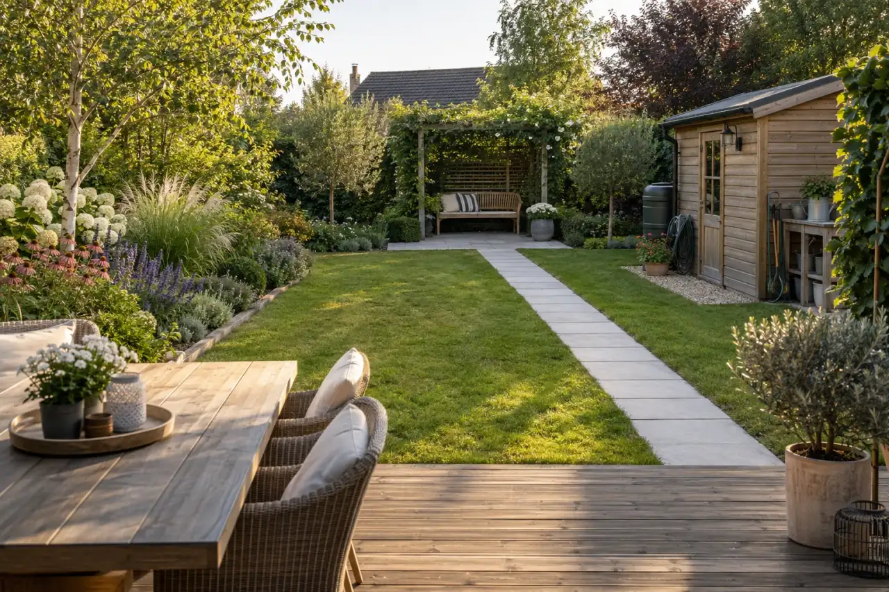 Eine Gartenszene zeigt Terrasse, Weg, Rasen, Beet, Sitzplatz und Stauraum.