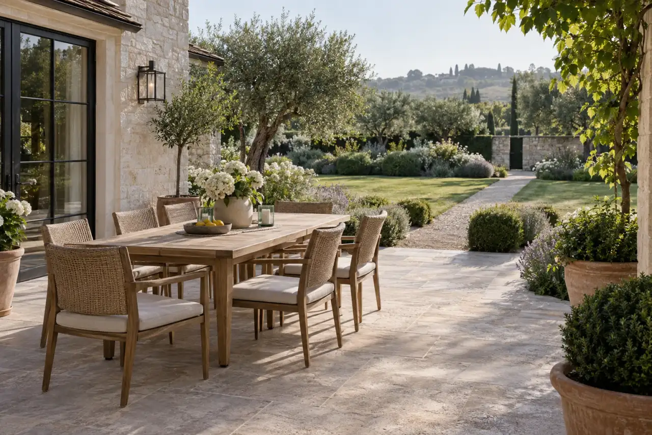 Terrasse mit Tisch und direktem Zugang zum Garten.