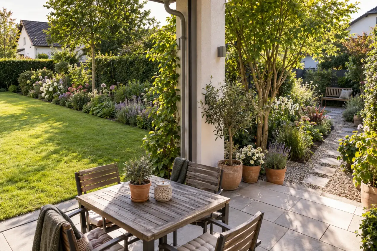 L-förmiger Garten mit Terrasse als Gelenk zwischen zwei Gartenräumen.