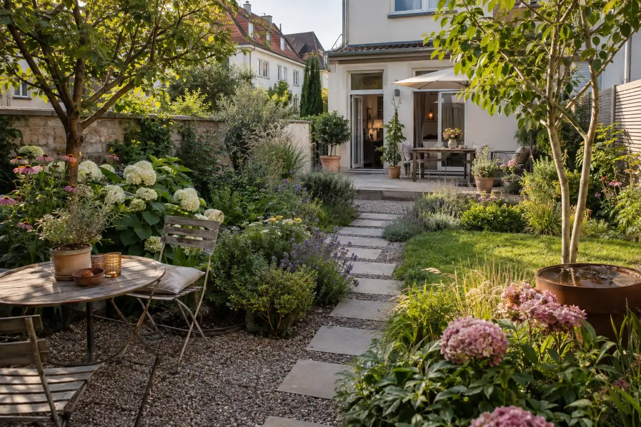 Quadratischer Garten mit ausgewogener Mittelachse und zwei Seitenräumen.