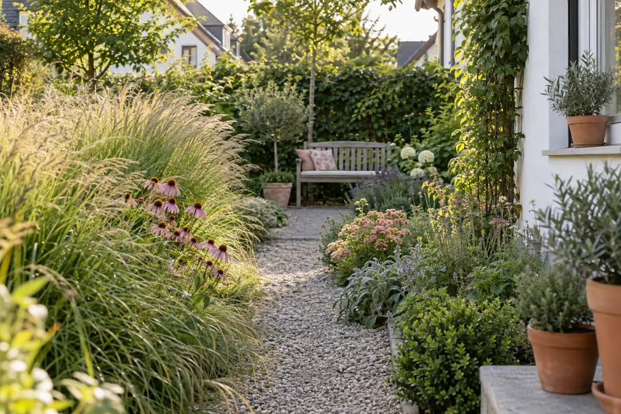 Schmaler Gartenweg führt zwischen Gräsern und Stauden zu einer Holzbank.