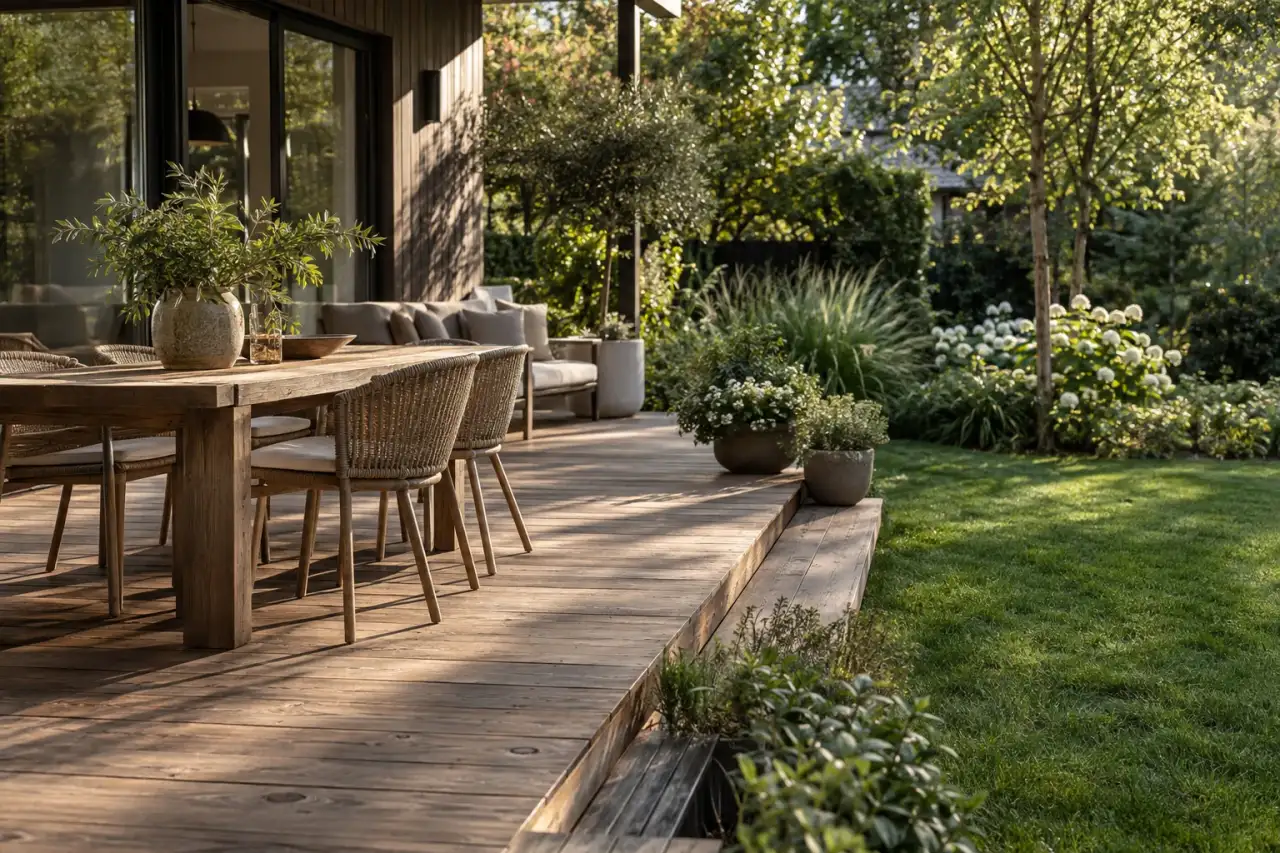 Natürliche Holzterrasse öffnet sich zu Rasen und Gartenweg.