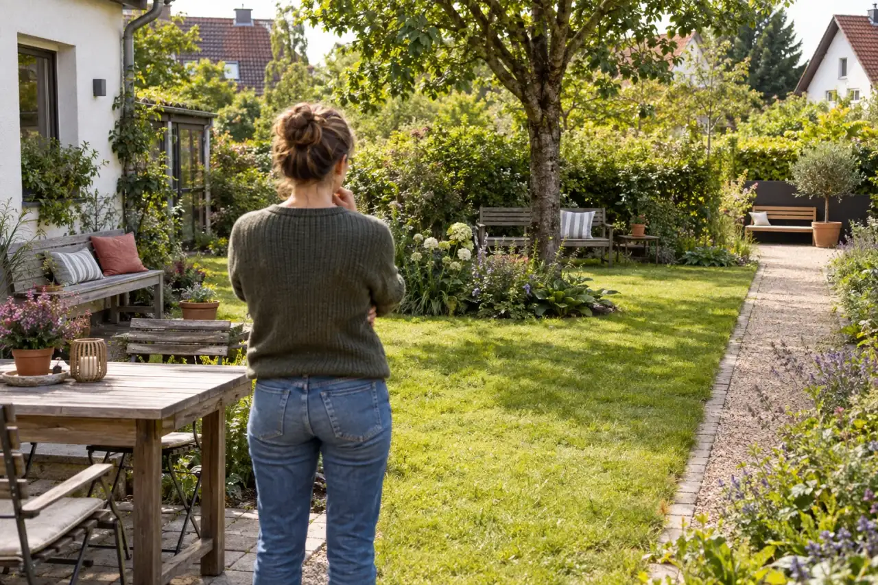 Gartenbesitzer betrachtet verschiedene mögliche Sitzplätze im Garten.