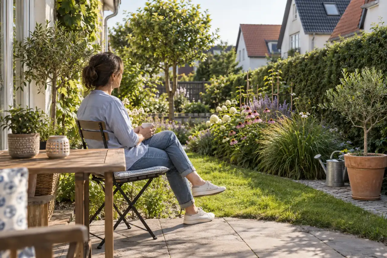 Sitzplatz im Garten wird nach Sonne, Schutz und Blickrichtung ausgewählt.