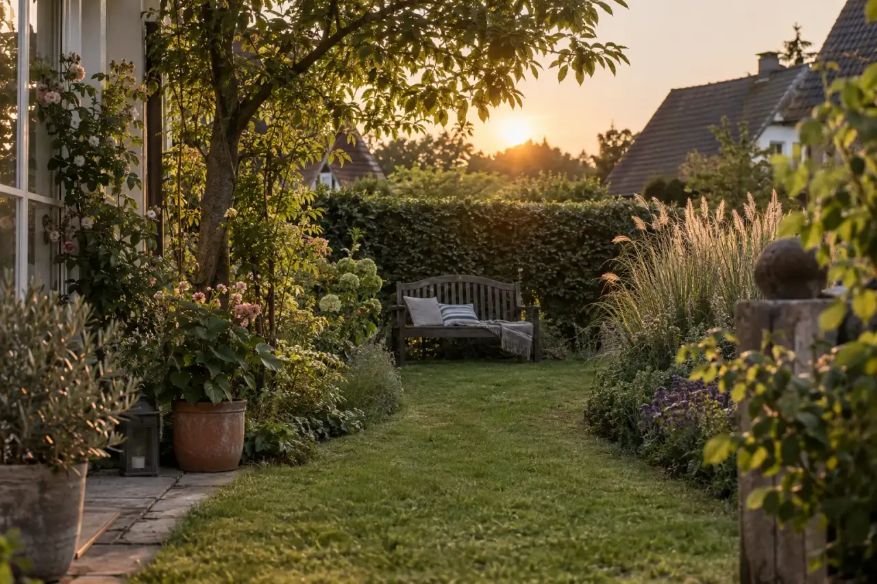 Markante Gartenbank als Blickfang im weichen Abendlicht.