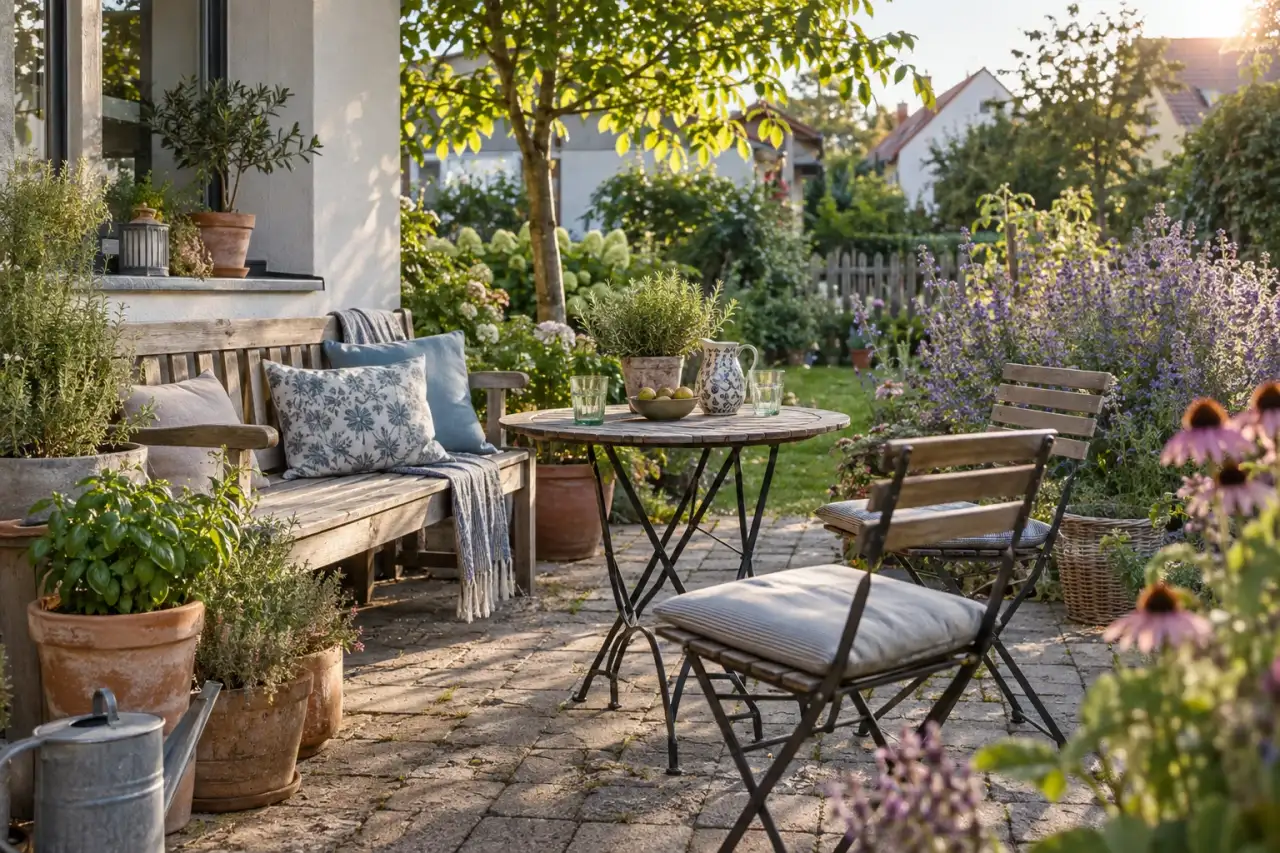 Sommerliche Sitzecke mit langer Bank, Tisch und Kräutern.
