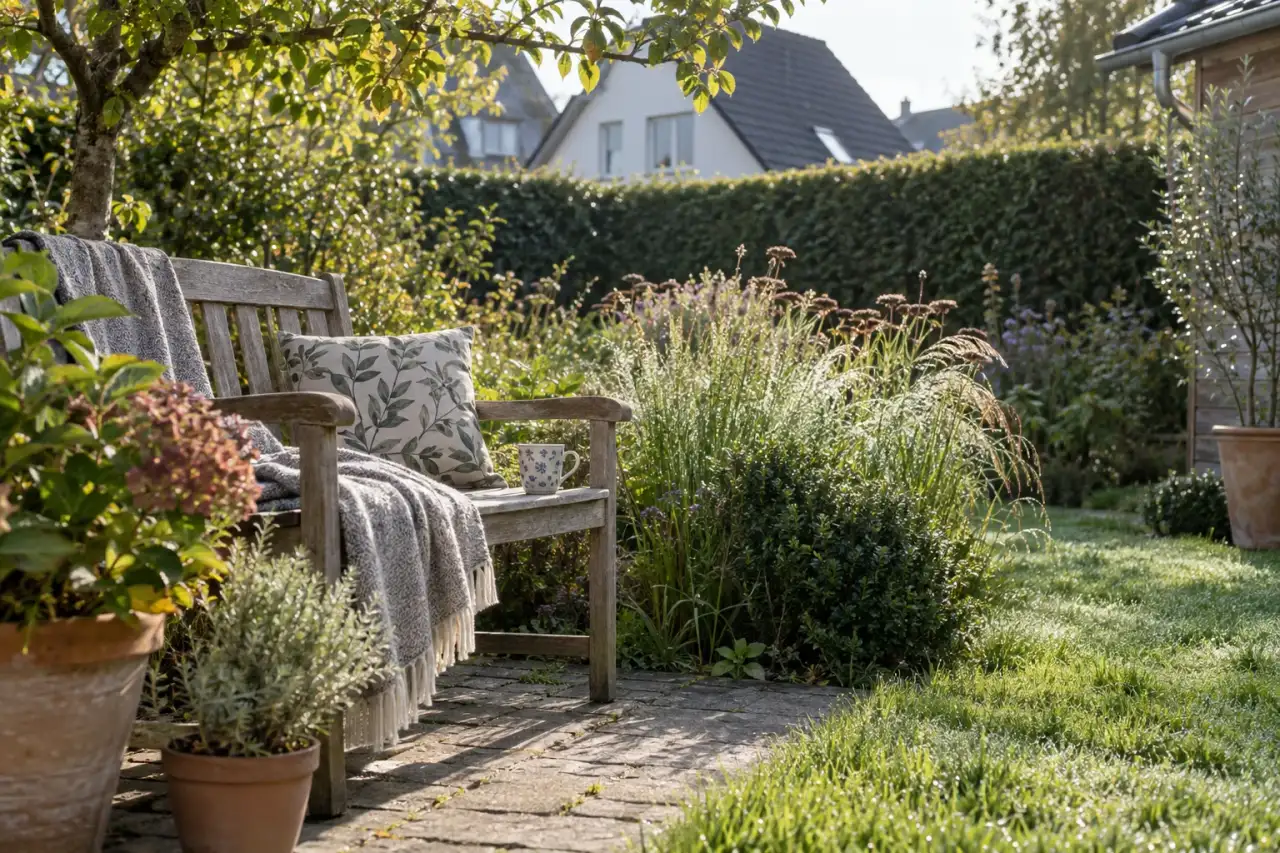 Ruhige Morgenstimmung an einer Gartenbank mit Tasse.